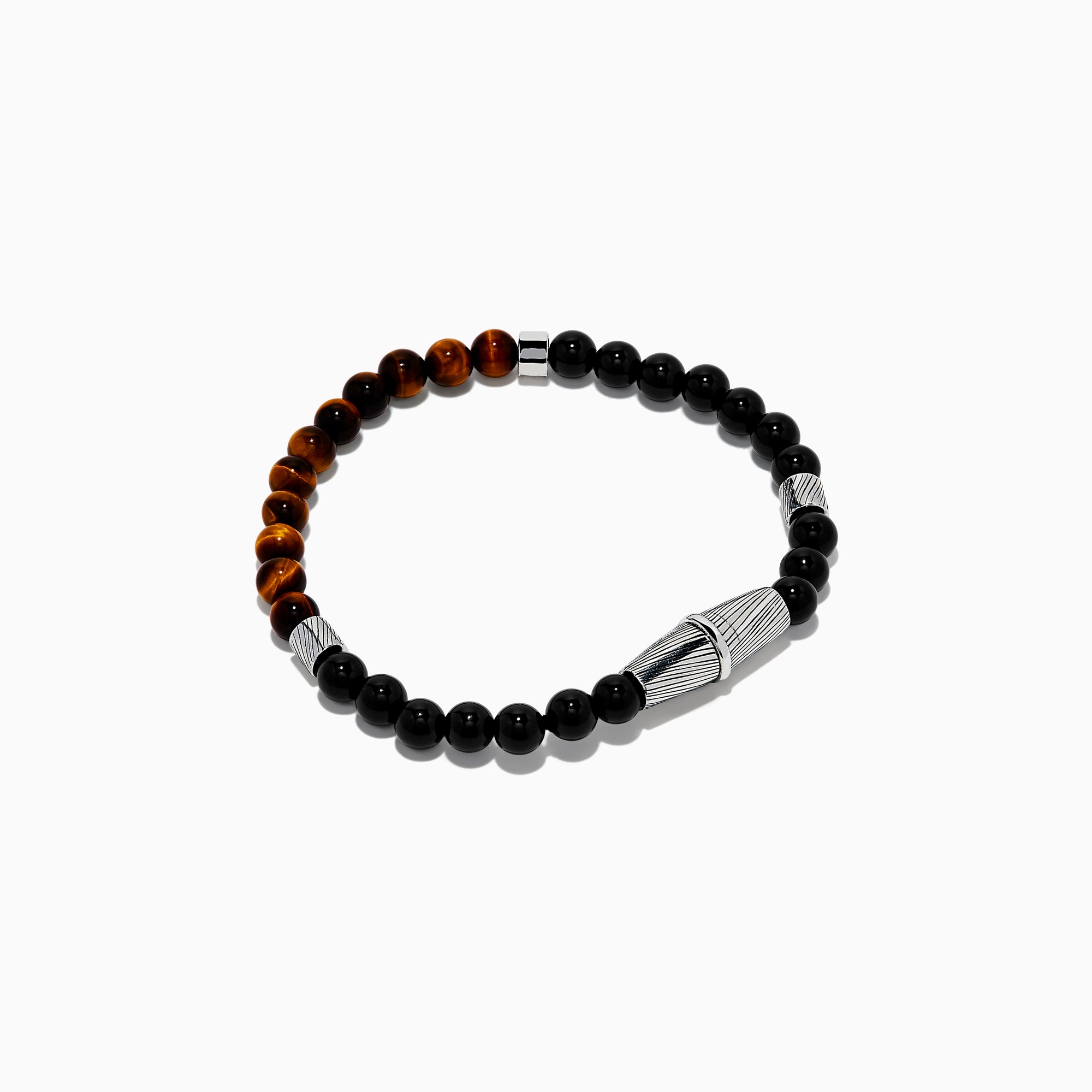The Men's 925 Sterling Silver Tiger's Eye and Onyx Beaded Bracelet features alternating brown Tiger's Eye and black Onyx beads, accented by a textured sterling silver cylindrical clasp, shown on a white background.