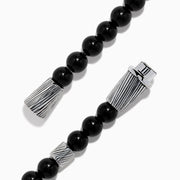 The Men's 925 Sterling Silver Tiger's Eye and Onyx Beaded Bracelet features alternating brown Tiger's Eye and black Onyx beads, accented by a textured sterling silver cylindrical clasp, shown on a white background.