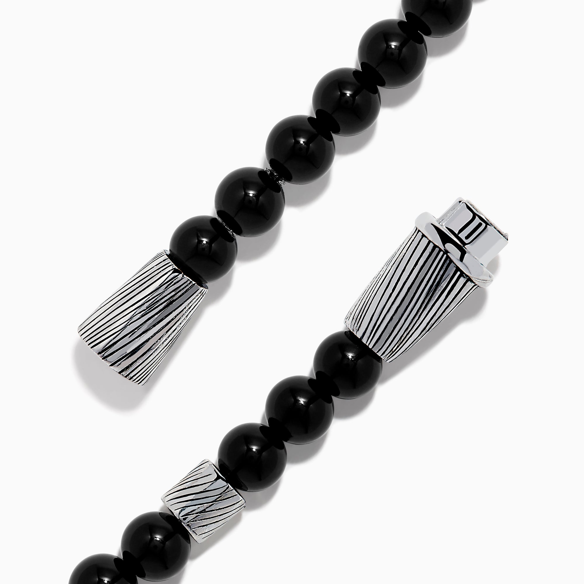 The Men's 925 Sterling Silver Tiger's Eye and Onyx Beaded Bracelet features alternating brown Tiger's Eye and black Onyx beads, accented by a textured sterling silver cylindrical clasp, shown on a white background.