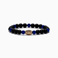Mens 925 Sterling Silver Onyx and Lapis Beaded Bracelet, featuring alternating matte onyx and deep blue lapis beads with an ornate sterling silver centerpiece, displayed on a white background.