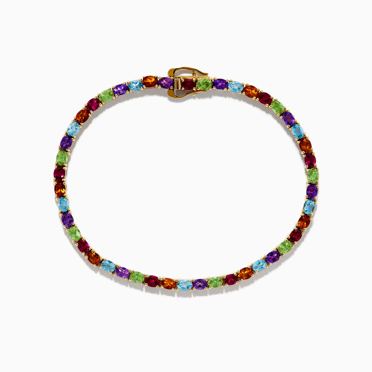 The 925 Sterling Silver 18K Plated Multi Gemstone Bracelet showcases alternating oval-cut blue, green, orange, and red gemstones in a continuous pattern, secured with a clasp.