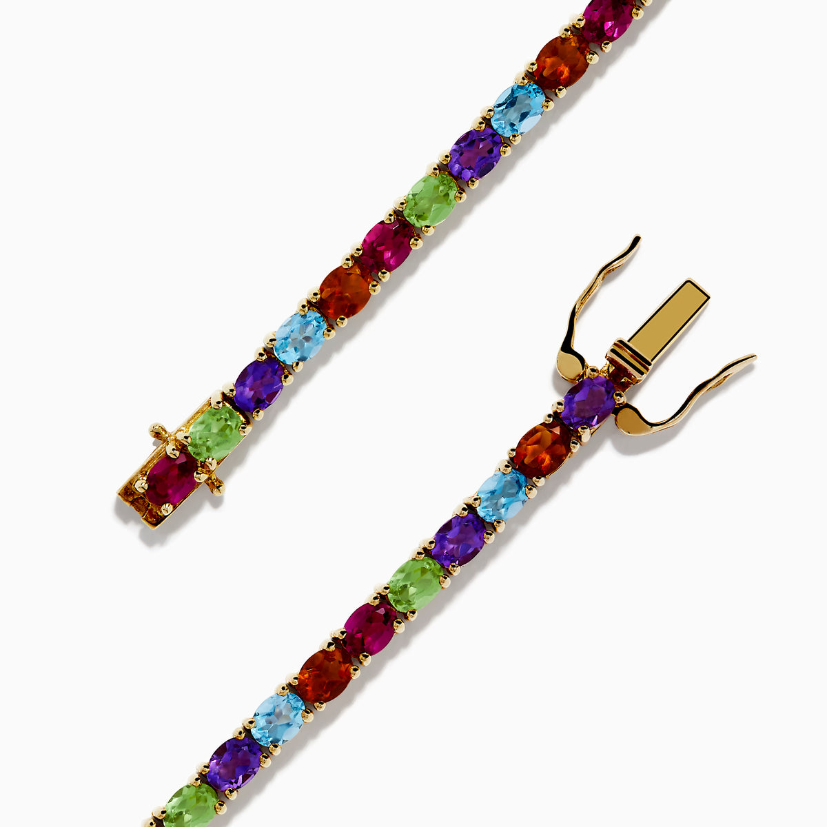 The 925 Sterling Silver 18K Plated Multi Gemstone Bracelet showcases alternating oval-cut blue, green, orange, and red gemstones in a continuous pattern, secured with a clasp.