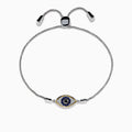 The 925 Sterling Silver Blue Sapphire and Diamond Evil Eye Bracelet features an eye-shaped charm with a blue sapphire center, surrounded by sparkling diamonds, and two metallic ends on the adjustable chain.