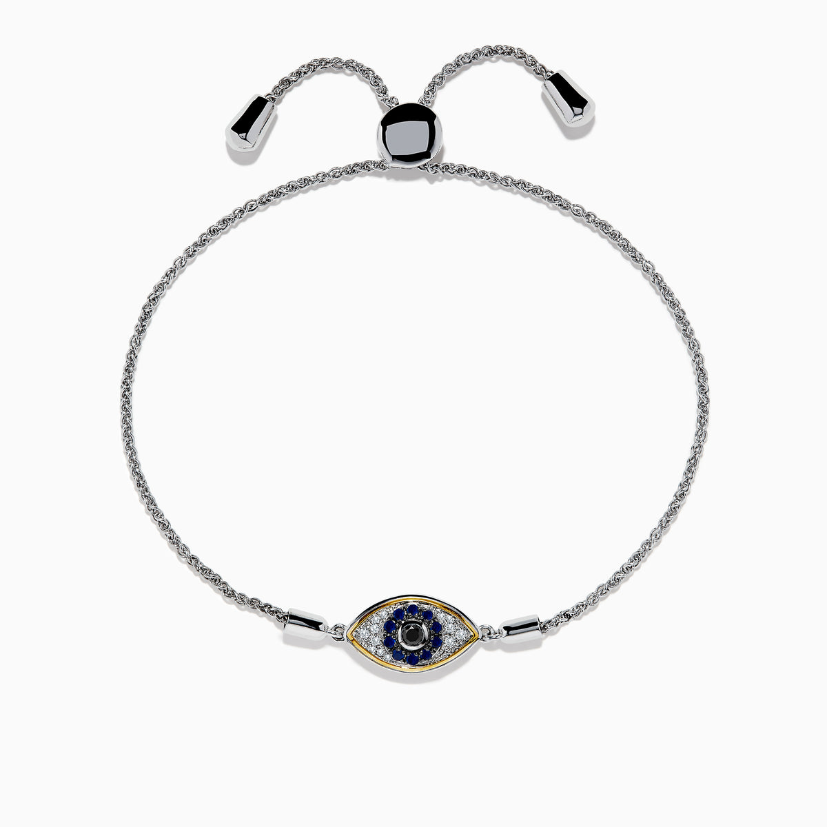 The 925 Sterling Silver Blue Sapphire and Diamond Evil Eye Bracelet features an eye-shaped charm with a blue sapphire center, surrounded by sparkling diamonds, and two metallic ends on the adjustable chain.