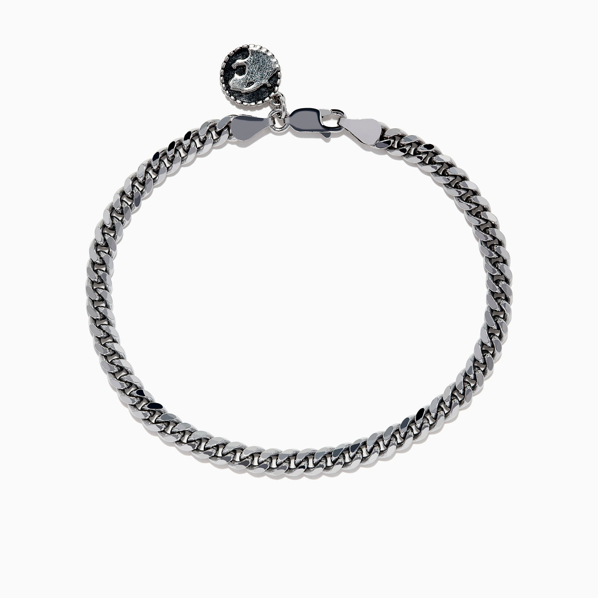 The 925 Mens Sterling Silver Curb Chain Link Bracelet features a lobster clasp and a small, round yin-yang charm, displayed on a white background.