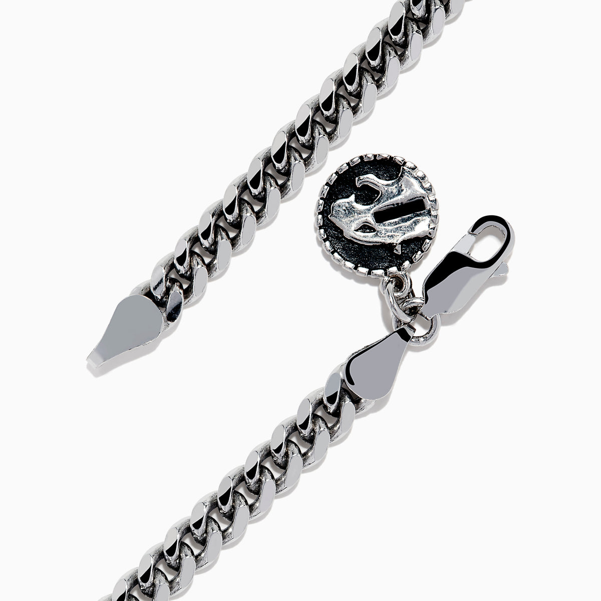 The 925 Mens Sterling Silver Curb Chain Link Bracelet features a lobster clasp and a small, round yin-yang charm, displayed on a white background.
