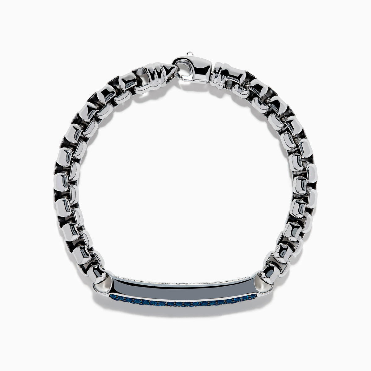 The Mens 925 Sterling Silver London Blue Topaz Bracelet showcases a chunky polished silver chain with a rectangular bar centerpiece adorned with small, round London Blue Topaz gemstones.