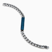 The Mens 925 Sterling Silver London Blue Topaz Bracelet showcases a chunky polished silver chain with a rectangular bar centerpiece adorned with small, round London Blue Topaz gemstones.