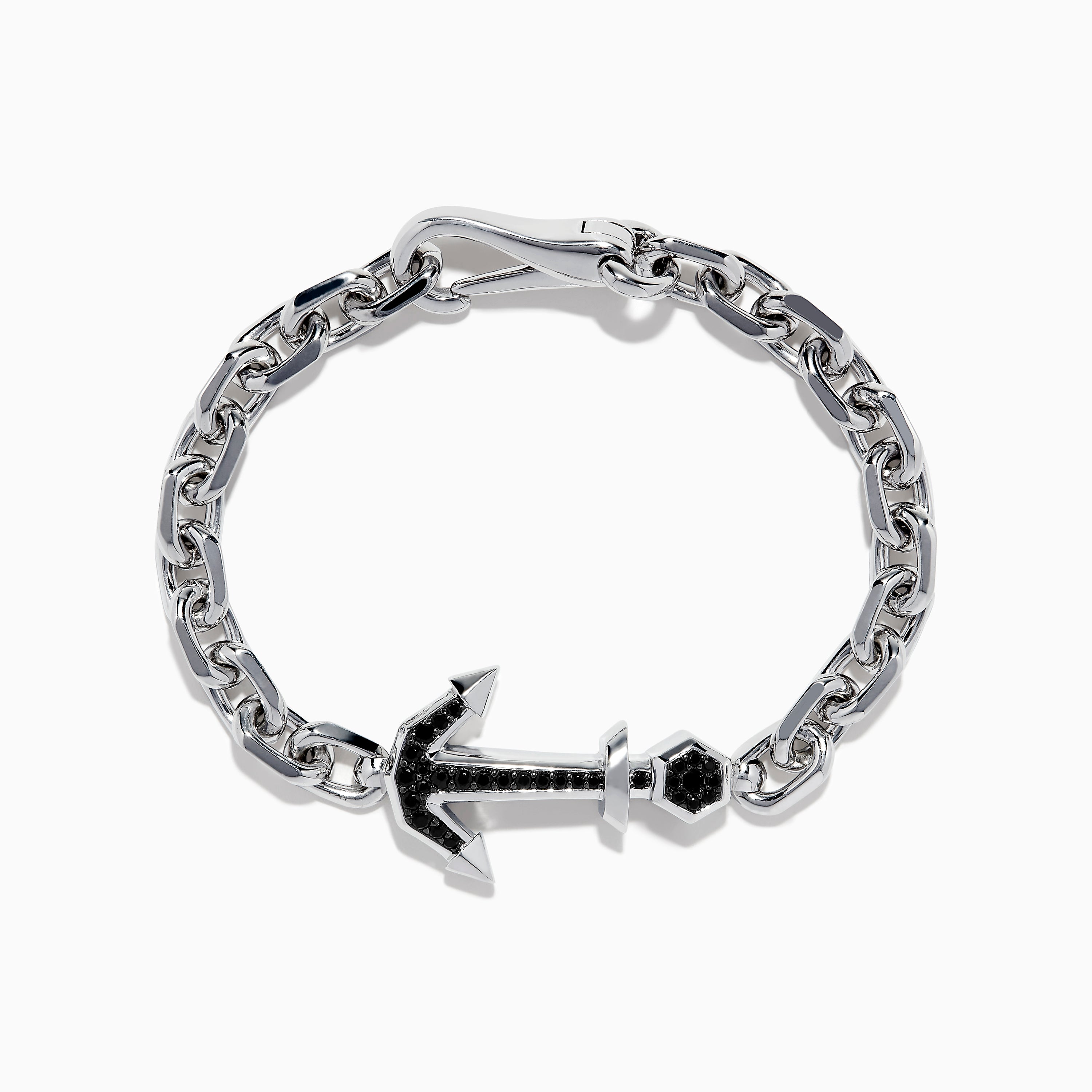 Men's Sterling Silver Chain Link Black Spinel Anchor Bracelet