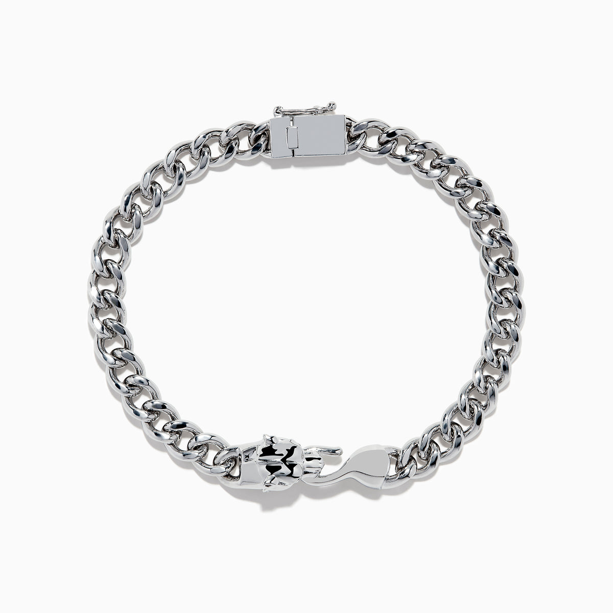 The 925 Sterling Silver Panther Bracelet features thick, shiny links and a rectangular clasp, elegantly arranged in a circular shape on a white background.