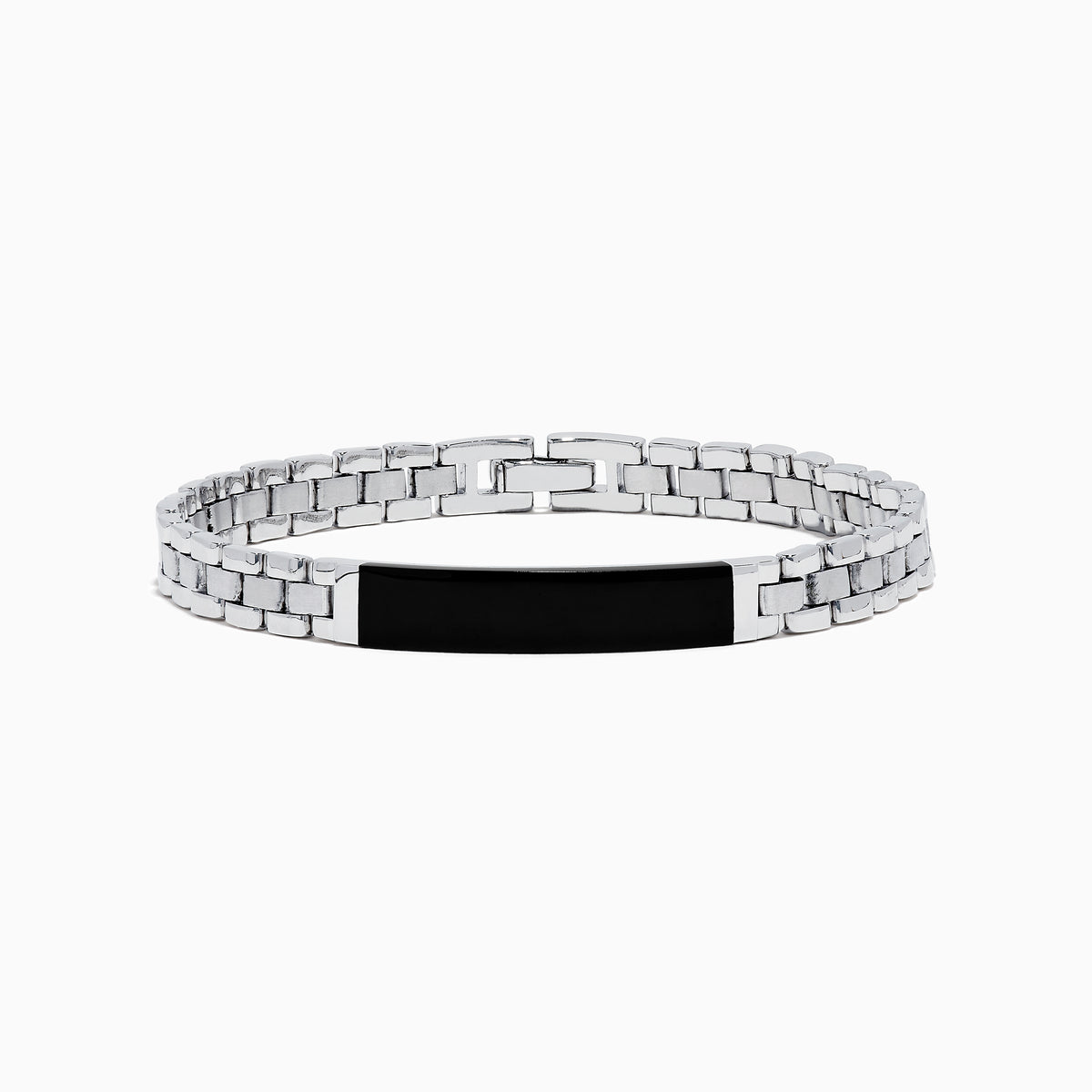 The Mens 925 Chain Link Sterling Silver Onyx Bracelet 6.80 TCW features a rectangular black onyx plate at the center, presented against a white background.