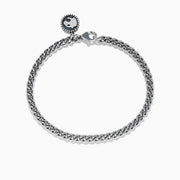 Mens 925 Sterling Silver Chain Link Bracelet with lobster clasp and round engraved charm, shown on a white background.