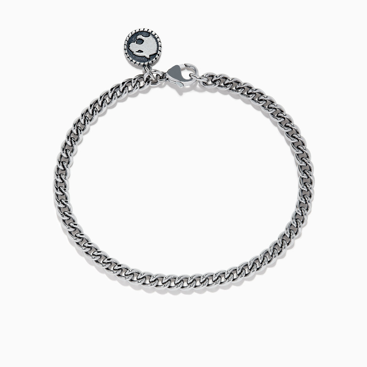 Mens 925 Sterling Silver Chain Link Bracelet with lobster clasp and round engraved charm, shown on a white background.