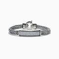 The Mens 925 Sterling Silver White Sapphire Braided Chain Bracelet features a rectangular white sapphire-encrusted centerpiece and a round clasp, shown on a white background.