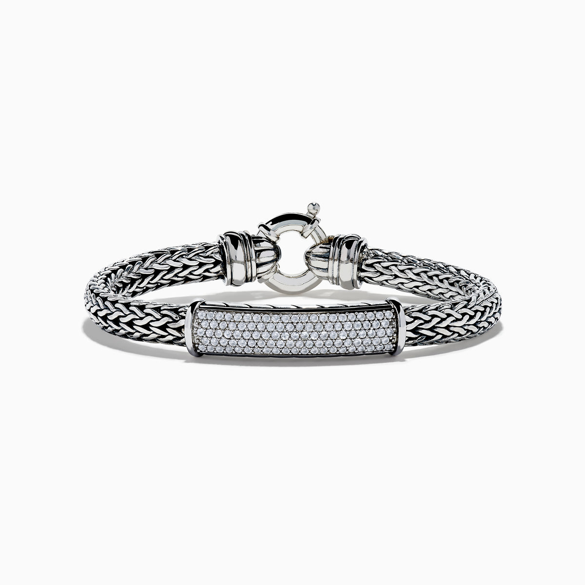 The Mens 925 Sterling Silver White Sapphire Braided Chain Bracelet features a rectangular white sapphire-encrusted centerpiece and a round clasp, shown on a white background.