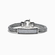 The Mens 925 Sterling Silver White Sapphire Braided Chain Bracelet features a rectangular white sapphire-encrusted centerpiece and a round clasp, shown on a white background.