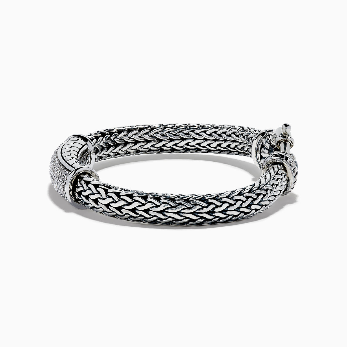 The Mens 925 Sterling Silver White Sapphire Braided Chain Bracelet features a rectangular white sapphire-encrusted centerpiece and a round clasp, shown on a white background.