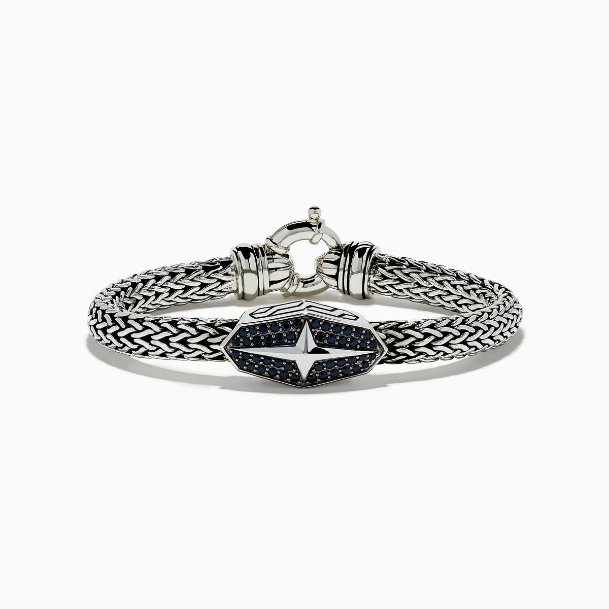 The 925 Sterling Silver and Black Spinel Braided Chain Bracelet features an oval clasp with a star design adorned with black spinels and a round spring ring closure.