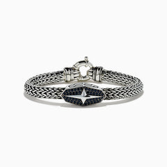 The 925 Sterling Silver and Black Spinel Braided Chain Bracelet features an oval clasp with a star design adorned with black spinels and a round spring ring closure.