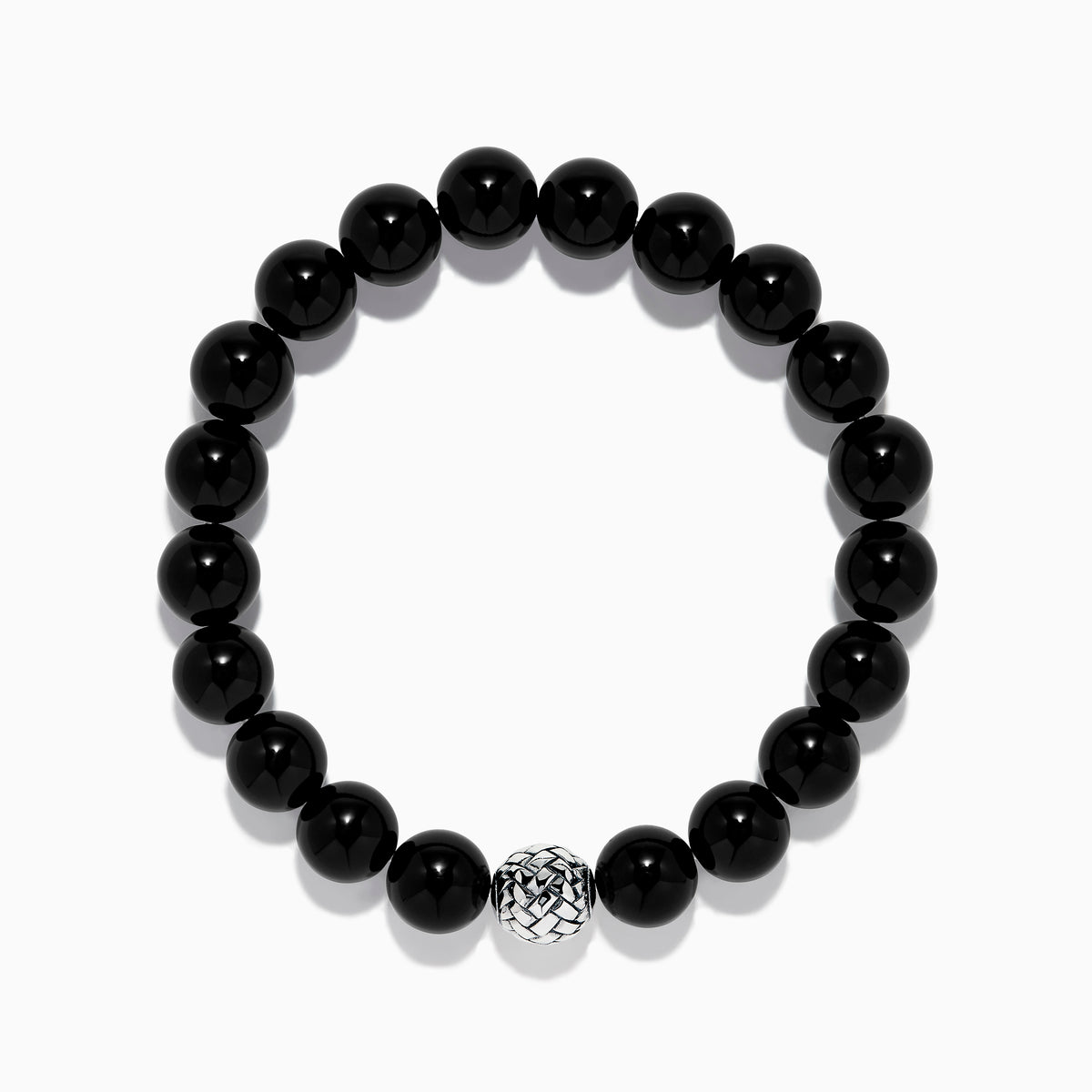 The Tiger's Eye and Onyx Beaded 2-Piece Bracelet Set with Sterling Silver features brown and black beads, each bracelet accented by a single sterling silver bead with a textured, woven pattern for an elegant stacked look.