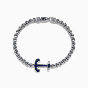 Mens 925 Sterling Silver Blue Sapphire Anchor Box Chain Link Bracelet with a standout anchor charm set with blue sapphire and white gemstones, shown against a white background.
