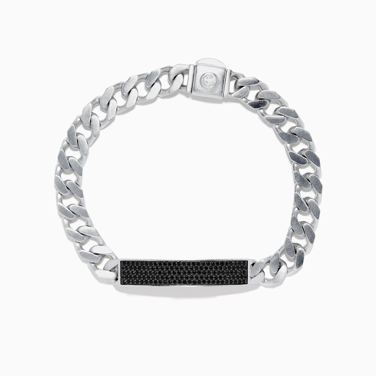 The Mens 925 Sterling Silver Chain Link Black Spinel Bracelet 1.45 TCW features a rectangular clasp with black spinel inlay, shown against a white background.