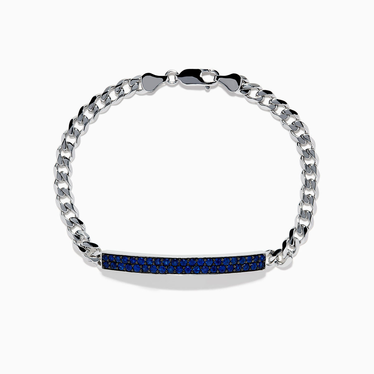 The Mens 925 Sterling Silver Chain Link Blue Sapphire Bracelet features a rectangular bar centerpiece adorned with blue sapphires, showcased elegantly on a white background.