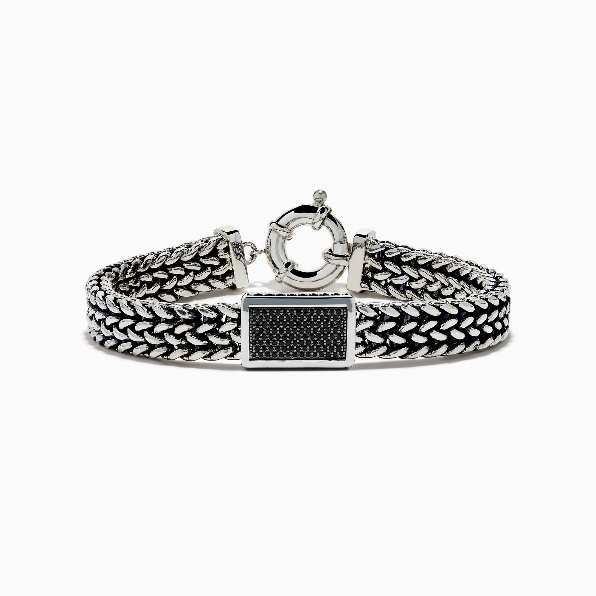 The Men's 925 Sterling Silver Black Spinel Chain-Link Bracelet features black and silver woven links, a rectangular clasp accented with black spinel stones, and a round spring-ring closure at the top.
