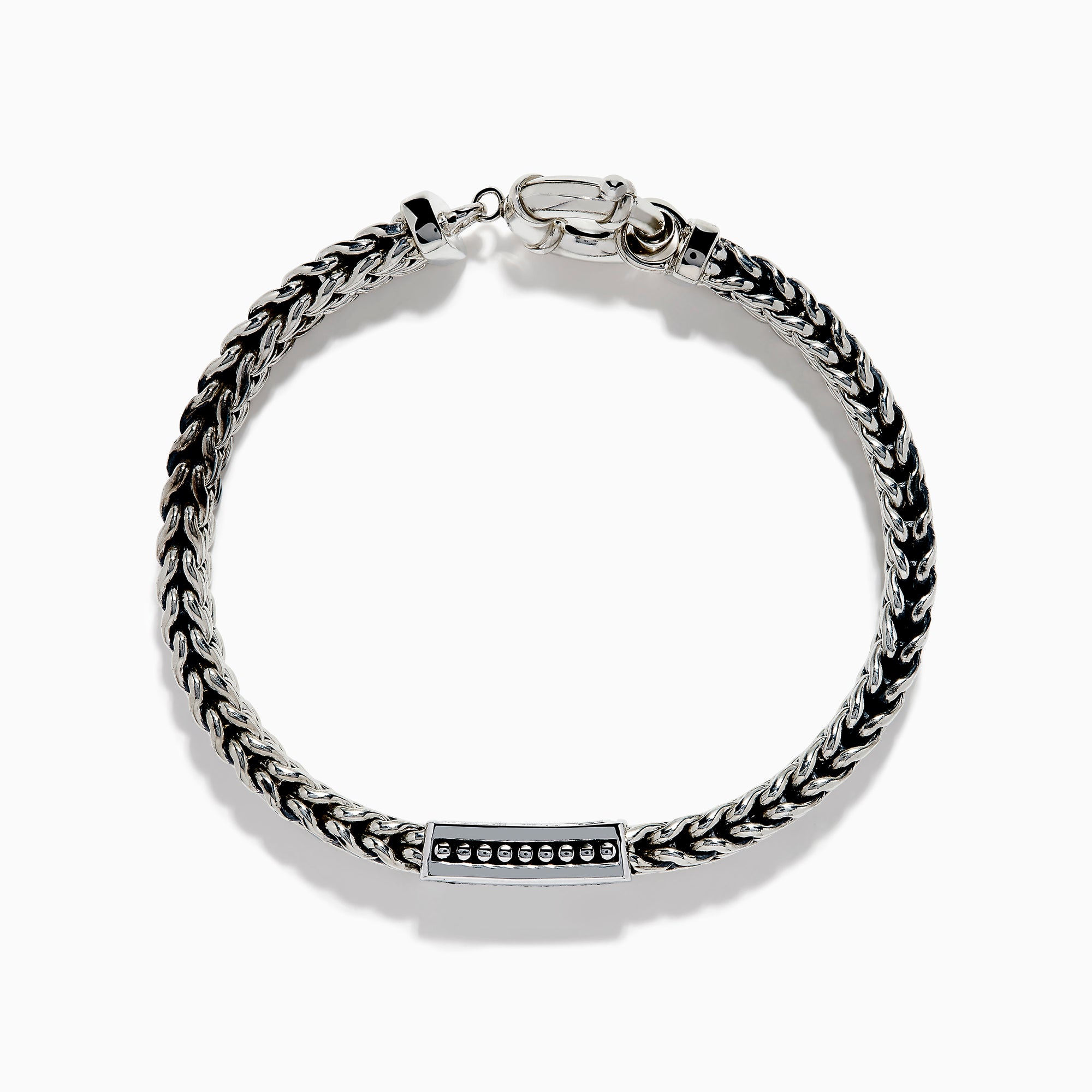 The Men's 925 Sterling Silver Black Spinel Chain-Link Bracelet features black and silver woven links, a rectangular clasp accented with black spinel stones, and a round spring-ring closure at the top.