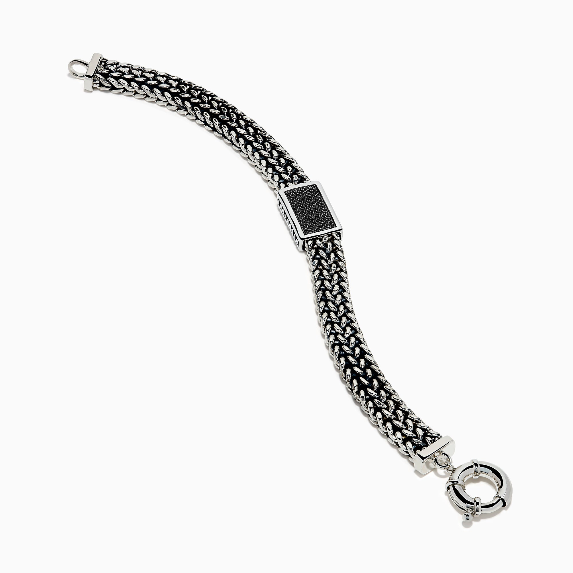 The Men's 925 Sterling Silver Black Spinel Chain-Link Bracelet features black and silver woven links, a rectangular clasp accented with black spinel stones, and a round spring-ring closure at the top.