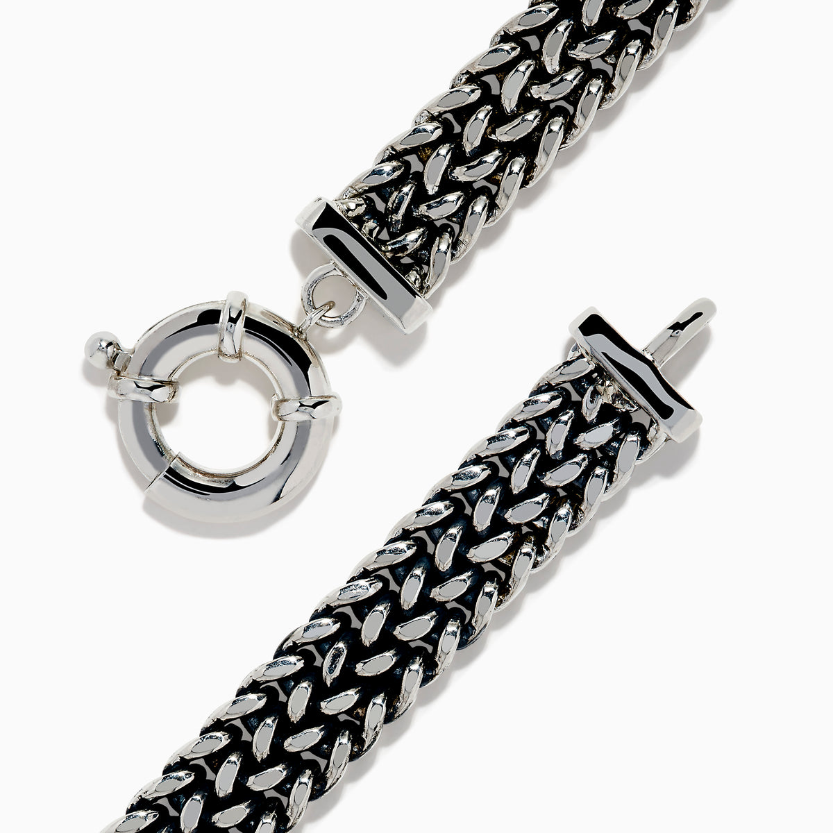 The Men's 925 Sterling Silver Black Spinel Chain-Link Bracelet features black and silver woven links, a rectangular clasp accented with black spinel stones, and a round spring-ring closure at the top.