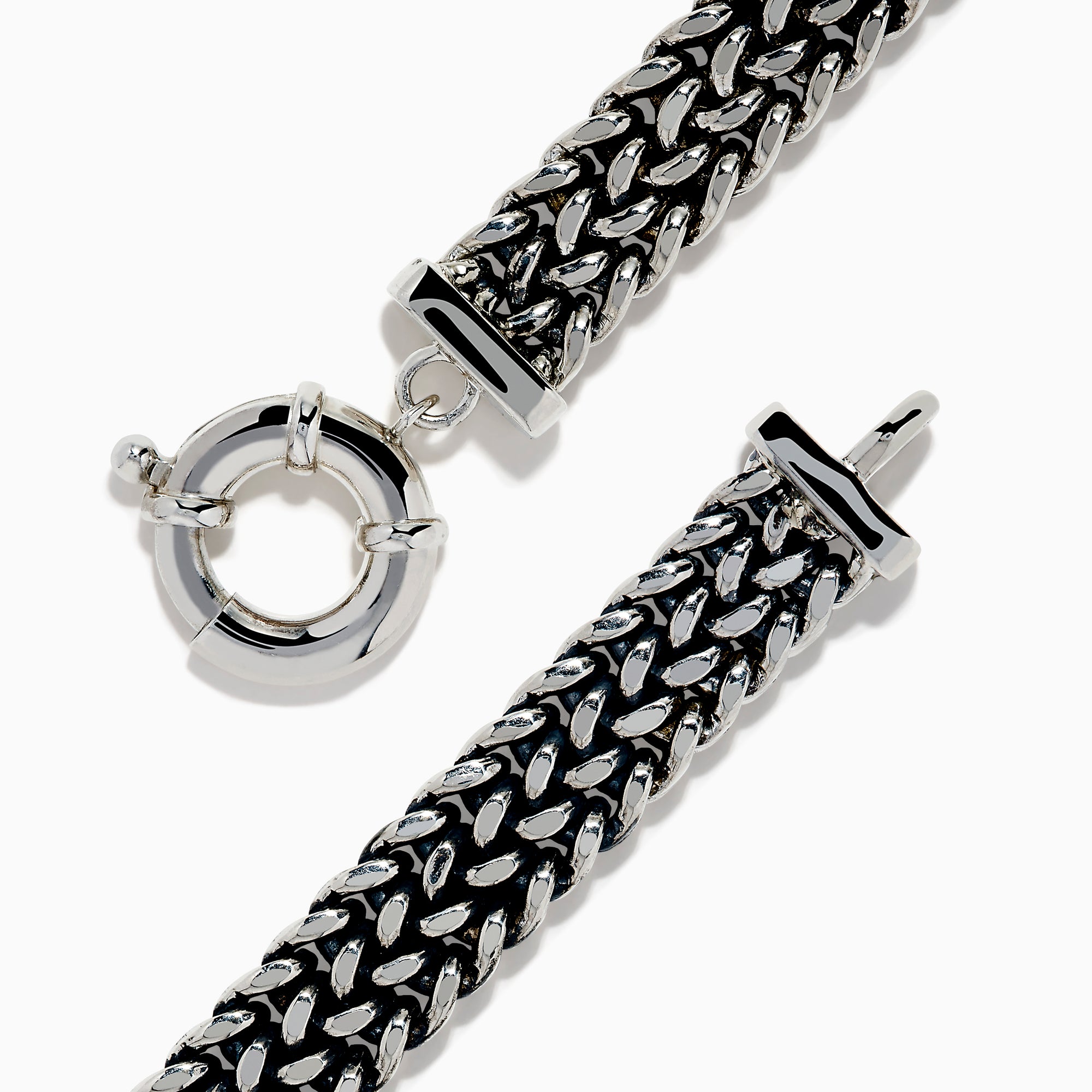 The Men's 925 Sterling Silver Black Spinel Chain-Link Bracelet features black and silver woven links, a rectangular clasp accented with black spinel stones, and a round spring-ring closure at the top.