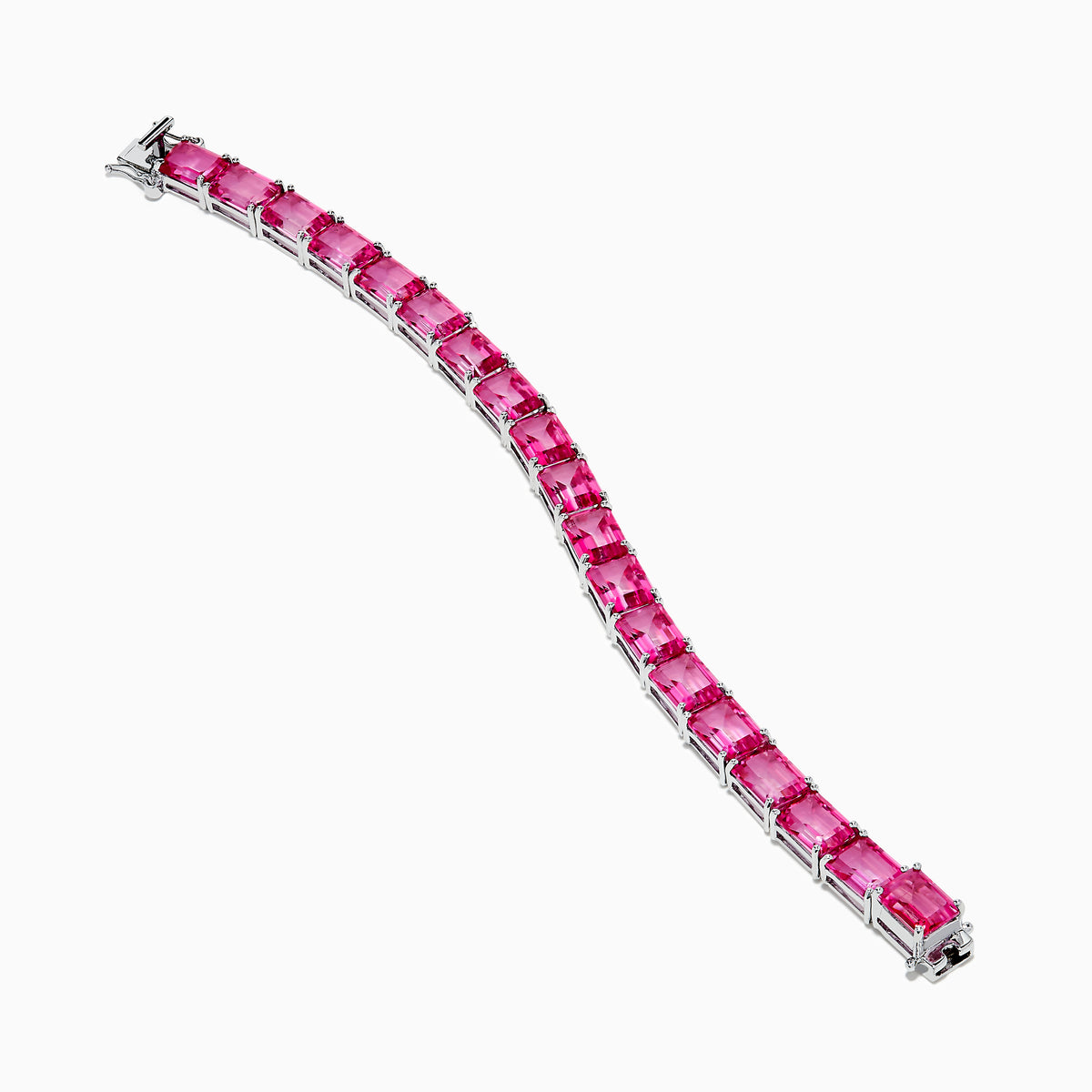 The 925 Sterling Silver Pink Topaz Tennis Bracelet features vibrant rectangular pink topaz gemstones set in individual prongs, forming a continuous elegant line.
