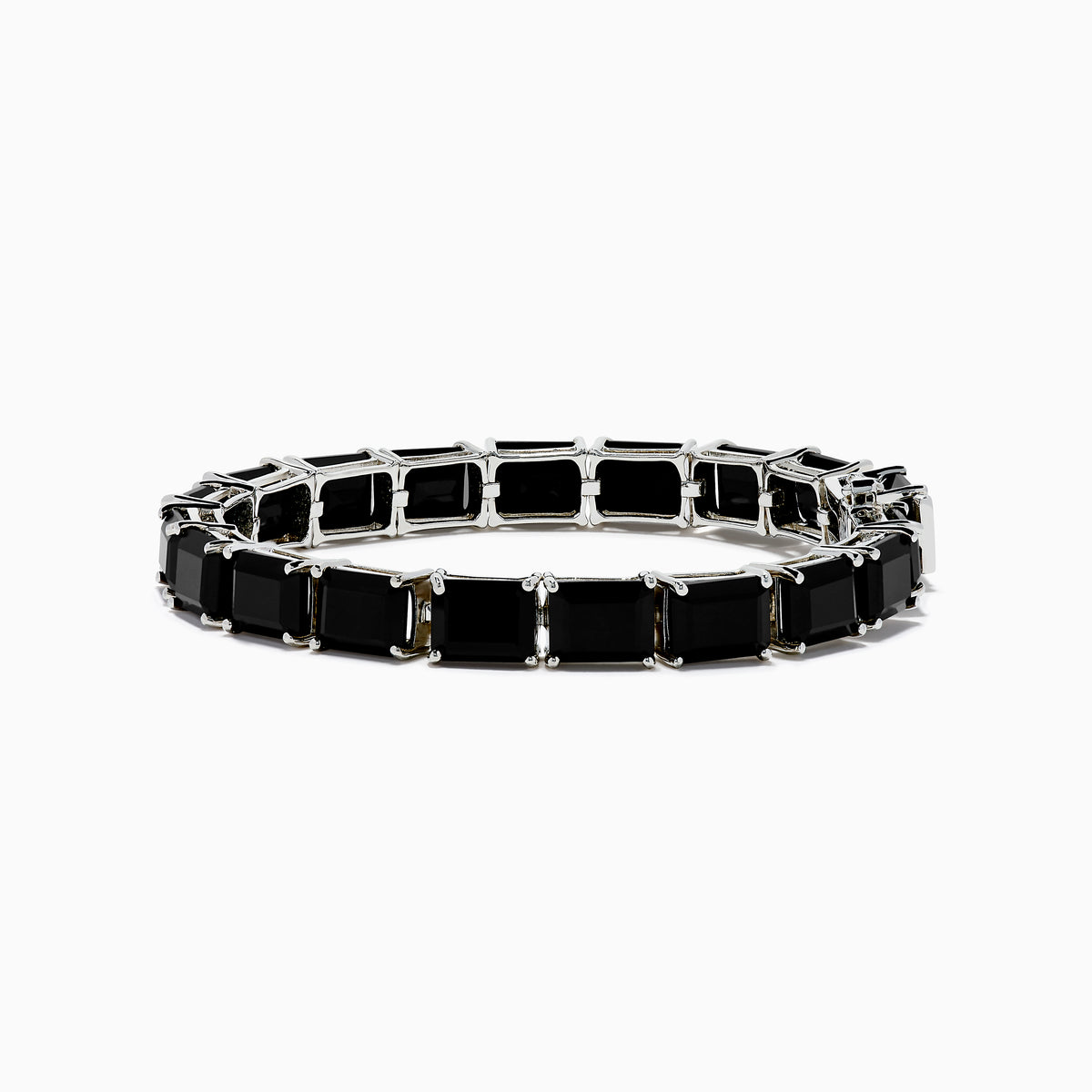 The 925 Sterling Silver Onyx Tennis Bracelet features rectangular black onyx stones in a sleek silver link design, shown on a white background—an elegant accessory for any occasion.
