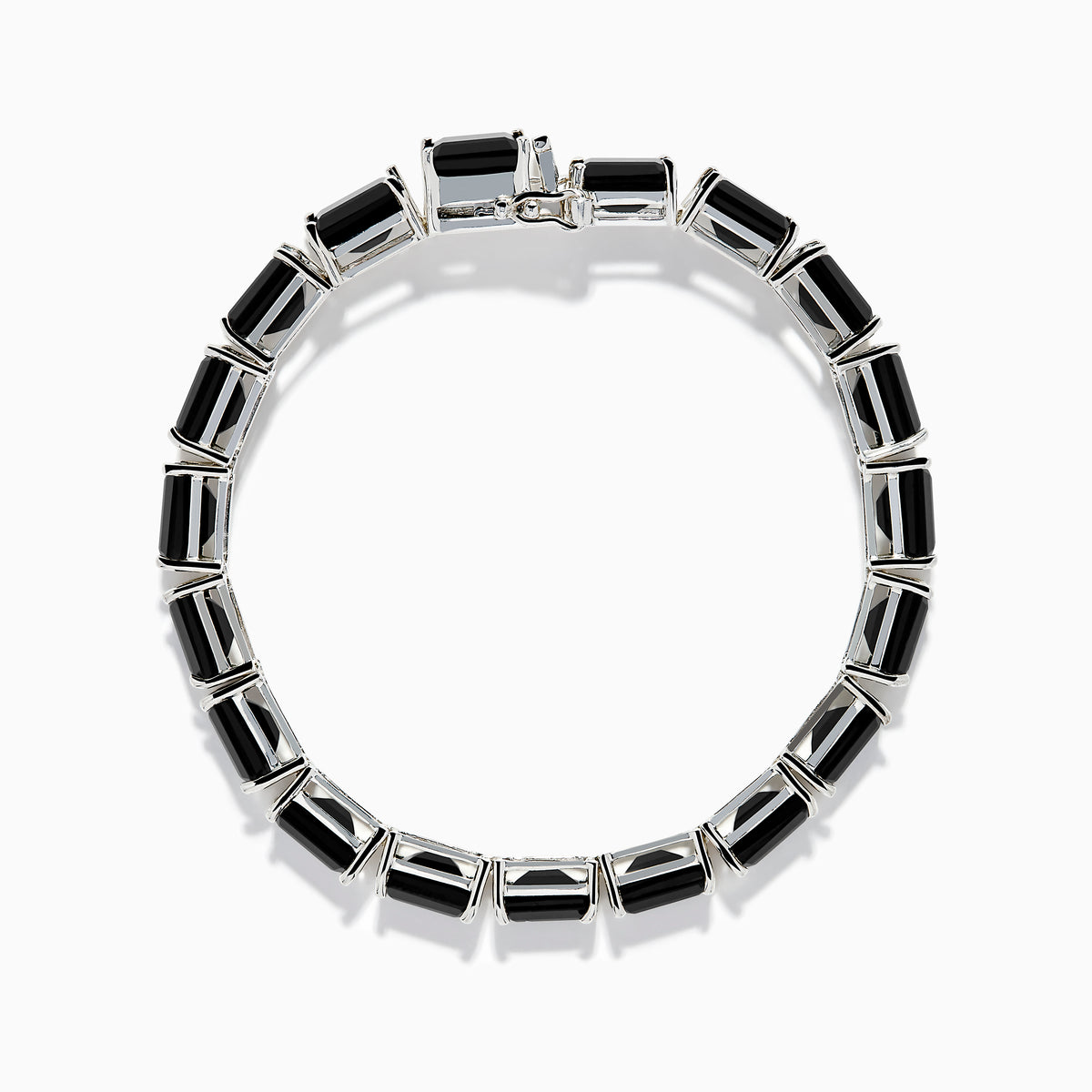 The 925 Sterling Silver Onyx Tennis Bracelet features rectangular black onyx stones in a sleek silver link design, shown on a white background—an elegant accessory for any occasion.