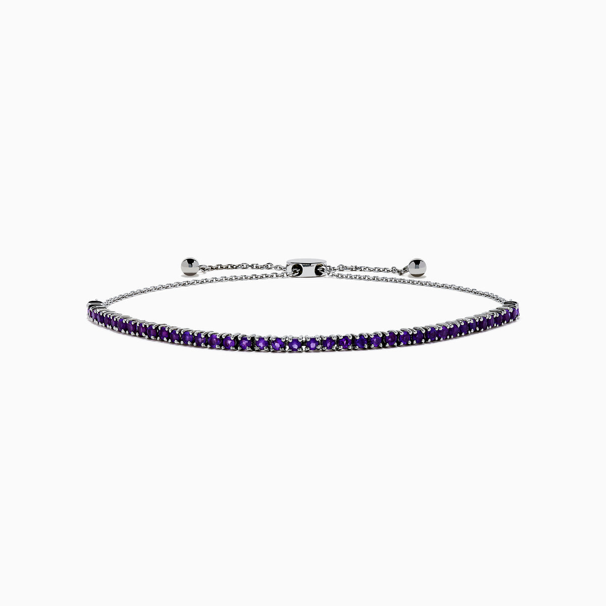 The 925 Sterling Silver Amethyst Bolo Bracelet showcases a single row of small, round amethyst gems set along the band, displayed on a plain white background.