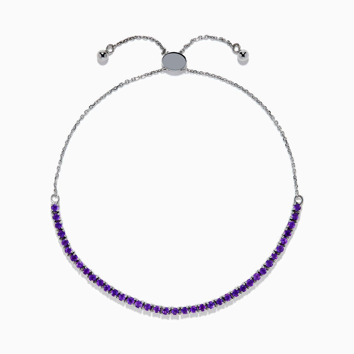 The 925 Sterling Silver Amethyst Bolo Bracelet showcases a single row of small, round amethyst gems set along the band, displayed on a plain white background.