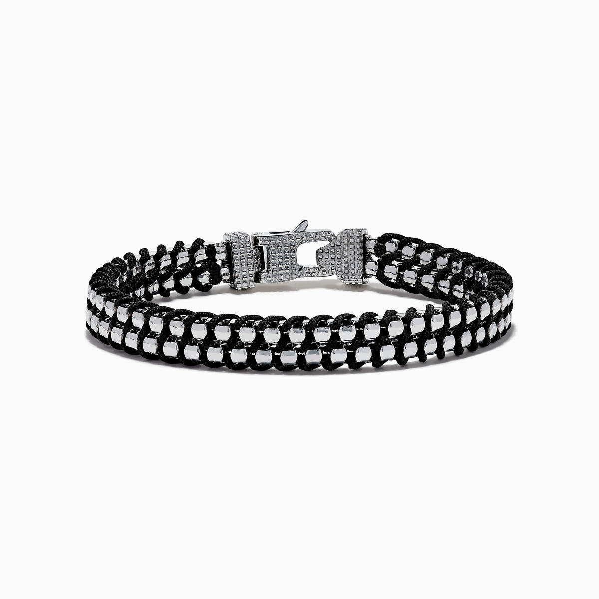 The Men's 925 Sterling Silver Woven Black Cord Bracelet features alternating silver and cord links with a box clasp, shown on a white background.