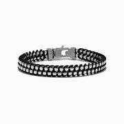 The Men's 925 Sterling Silver Woven Black Cord Bracelet features alternating silver and cord links with a box clasp, shown on a white background.