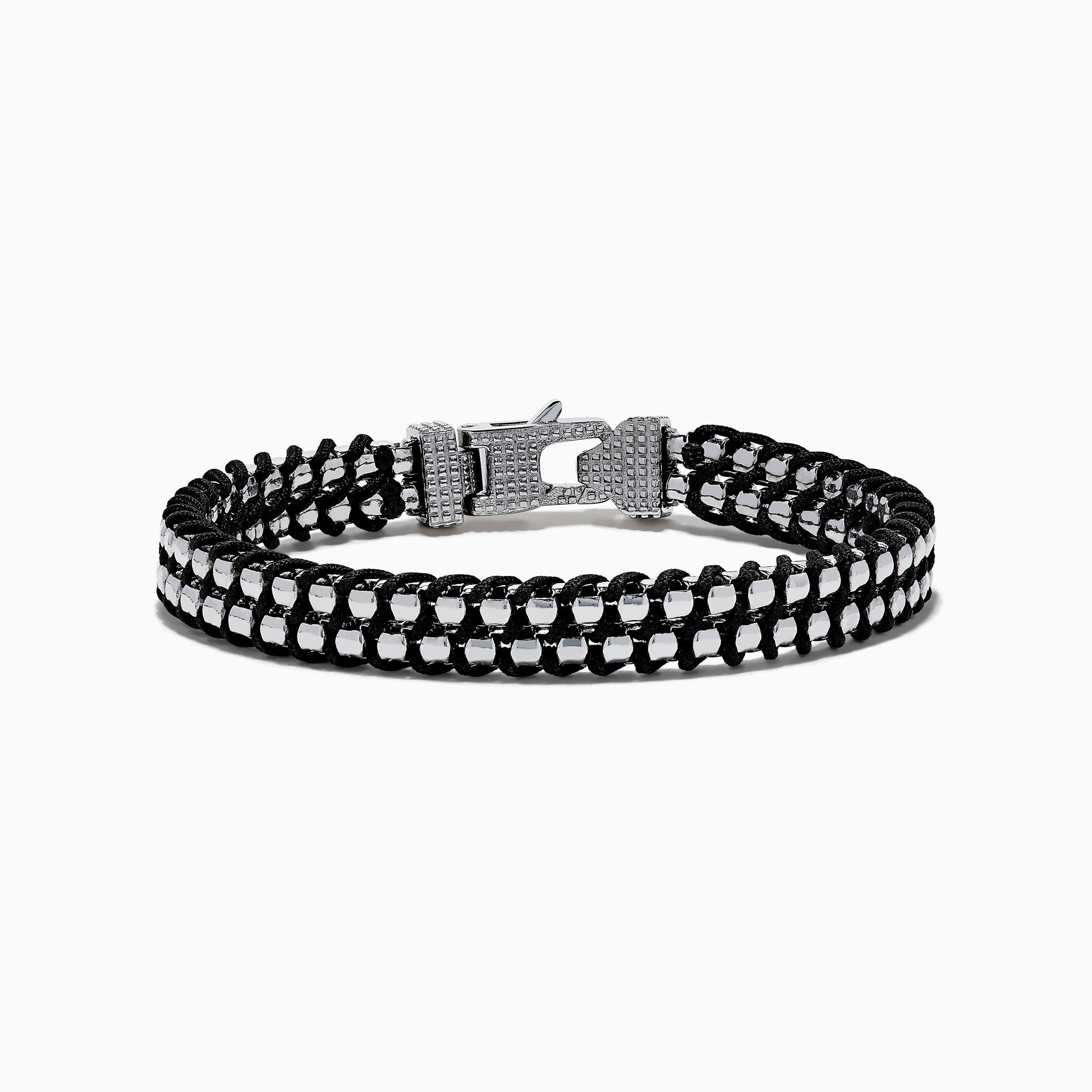 The Men's 925 Sterling Silver Woven Black Cord Bracelet features alternating silver and cord links with a box clasp, shown on a white background.