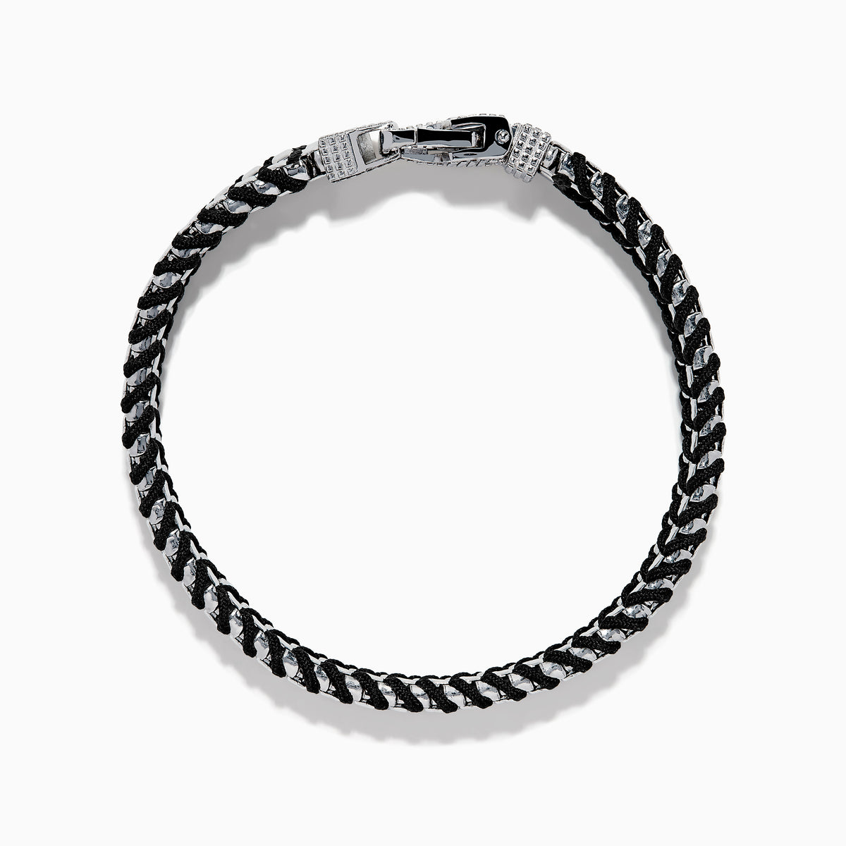 The Men's 925 Sterling Silver Woven Black Cord Bracelet features alternating silver and cord links with a box clasp, shown on a white background.