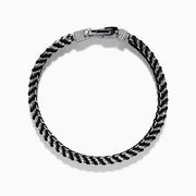 The Men's 925 Sterling Silver Woven Black Cord Bracelet features alternating silver and cord links with a box clasp, shown on a white background.