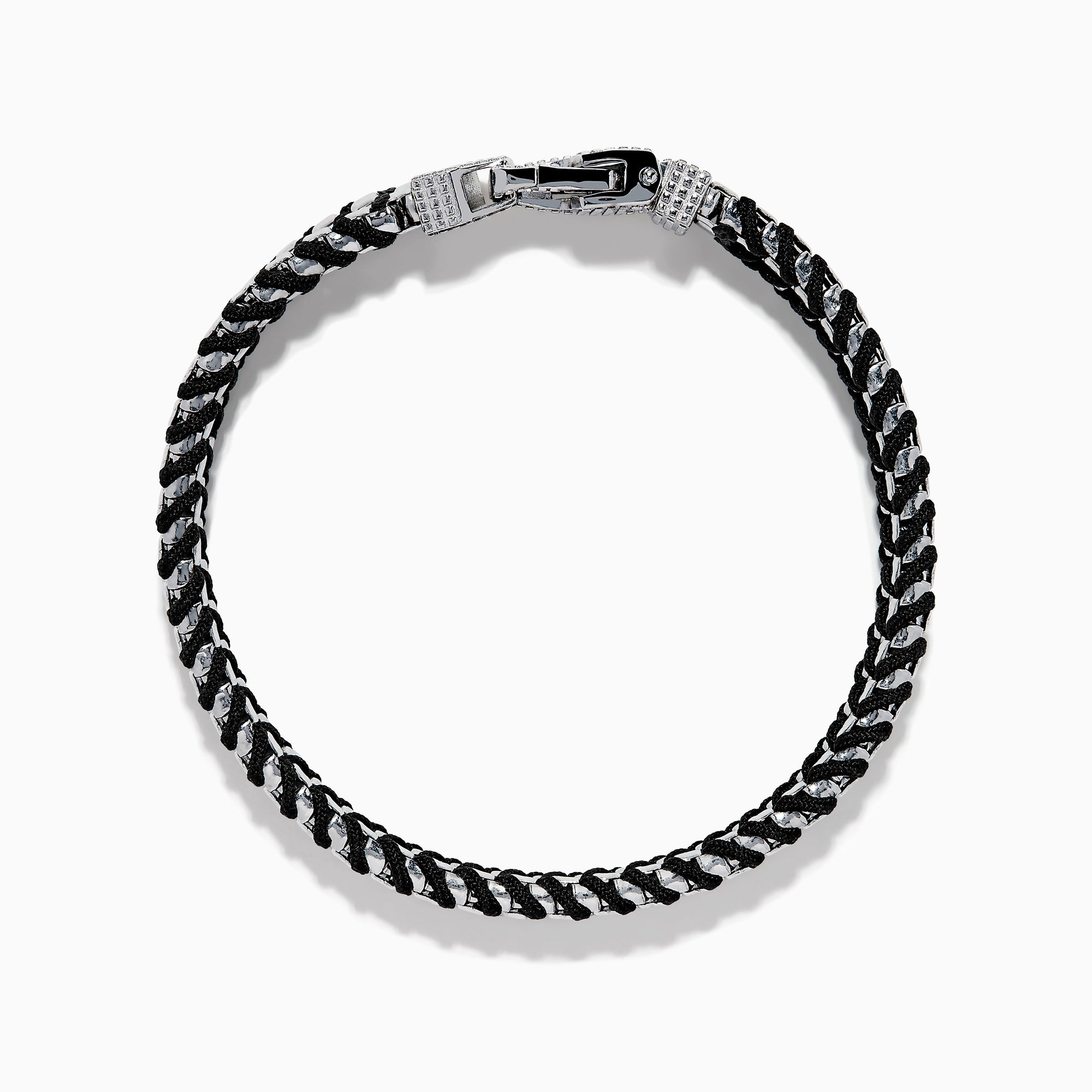 The Men's 925 Sterling Silver Woven Black Cord Bracelet features alternating silver and cord links with a box clasp, shown on a white background.