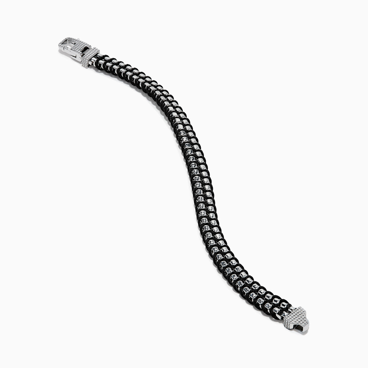 The Men's 925 Sterling Silver Woven Black Cord Bracelet features alternating silver and cord links with a box clasp, shown on a white background.