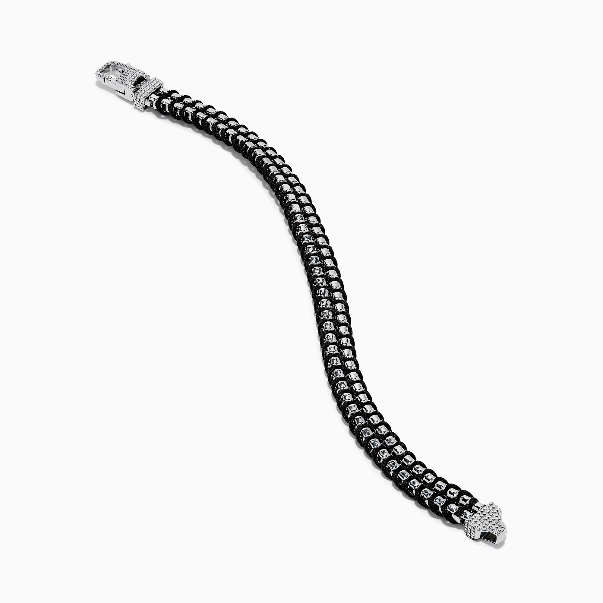 The Men's 925 Sterling Silver Woven Black Cord Bracelet features alternating silver and cord links with a box clasp, shown on a white background.