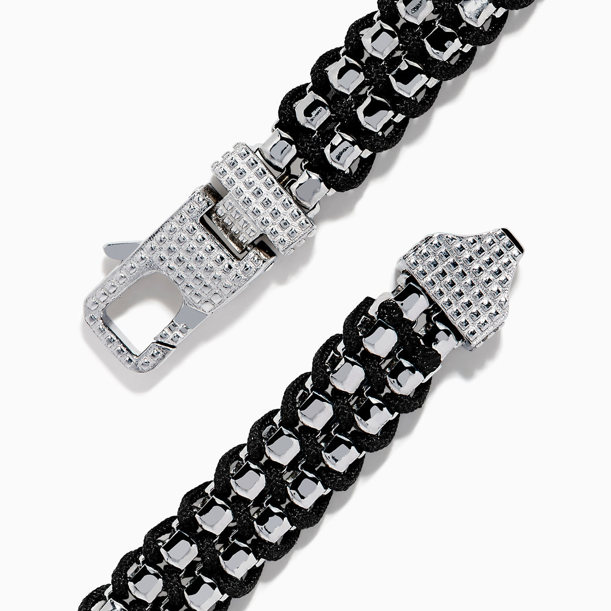 The Men's 925 Sterling Silver Woven Black Cord Bracelet features alternating silver and cord links with a box clasp, shown on a white background.