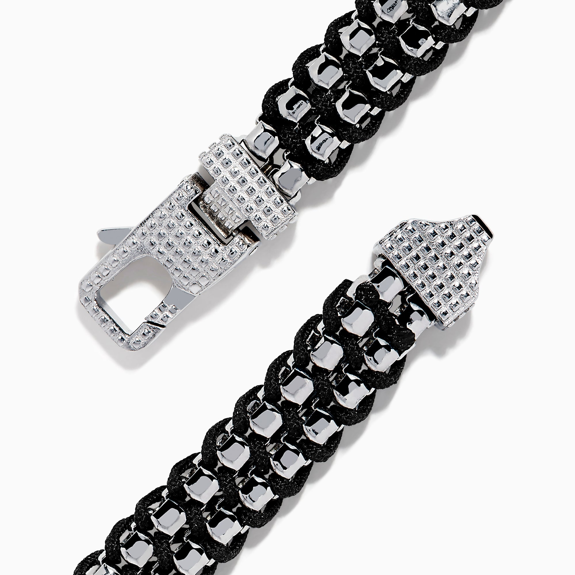 The Men's 925 Sterling Silver Woven Black Cord Bracelet features alternating silver and cord links with a box clasp, shown on a white background.