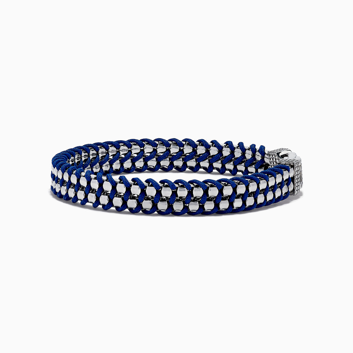 The Mens 925 Sterling Silver Braided Chain Link Bracelet features alternating silver-tone links woven with blue cord and is finished with a rectangular, textured clasp for a stylish touch.
