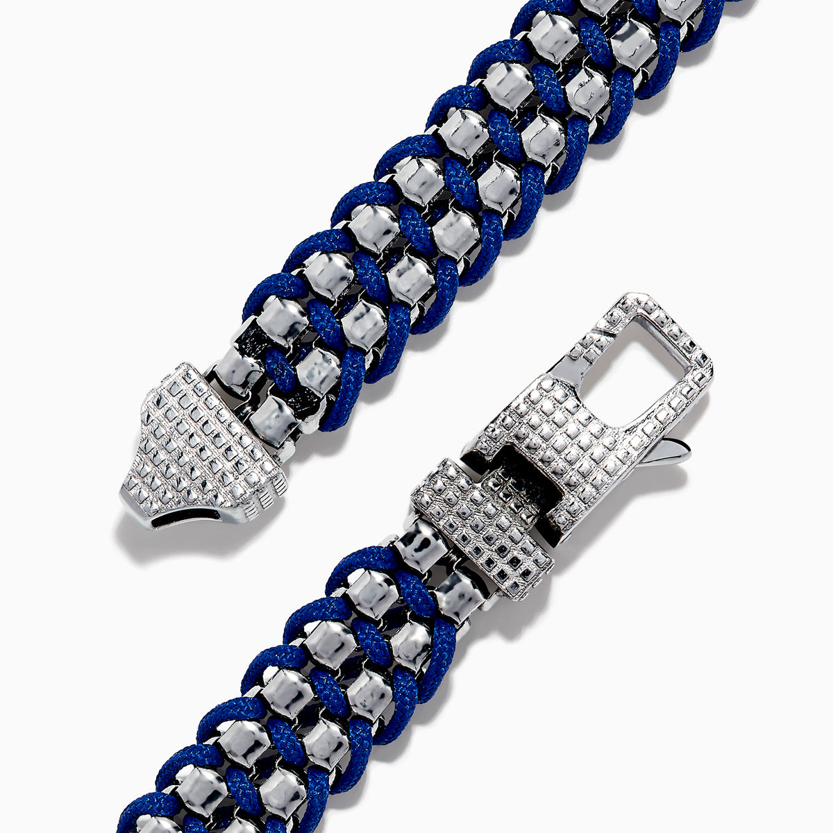 The Mens 925 Sterling Silver Braided Chain Link Bracelet features alternating silver-tone links woven with blue cord and is finished with a rectangular, textured clasp for a stylish touch.