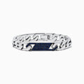 The 925 Sterling Silver Sapphire Bracelet features chain links and a rectangular centerpiece with small blue gemstones, evoking the look of sapphires, and is shown on a white background.